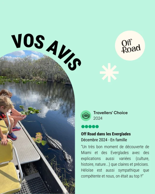 Vos avis comptent pour nous ! 🙌

Un grand merci à tous nos voyageurs qui prennent le temps de partager leur expérience sur TripAdvisor ! 💗

Nous sommes toujours ravis de vous lire et découvrir vos photos. Cela nous réchauffe le cœur d’avoir pu contribuer à la création de beaux souvenirs 😊

#miami #everglades #avisclient #satisfaction #voyage #voyageenfamille #airboat #vacancesfamille #miamioffroad